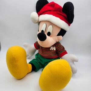 Vintage Mickey Mouse Christmas Plush Toy Santa Hat Striped Shirt Green Pants